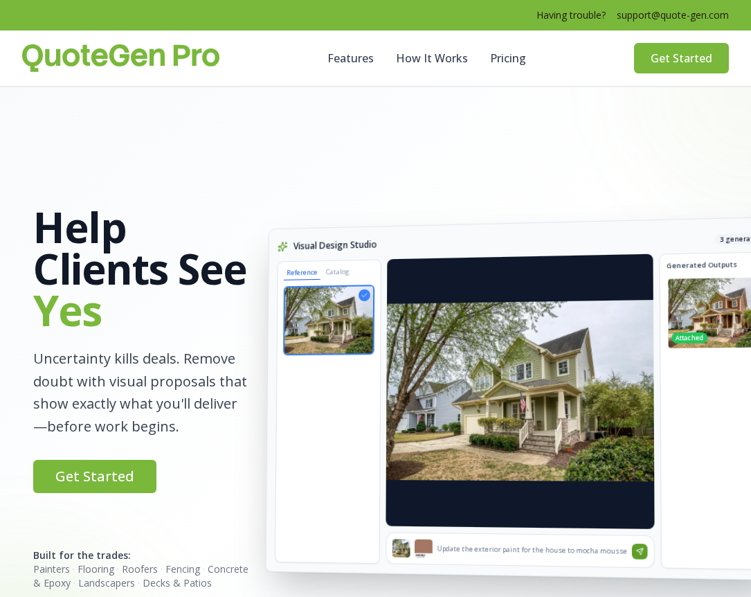 QuoteGen Pro landing page: hero headline beside the Visual Design Studio mockup tool