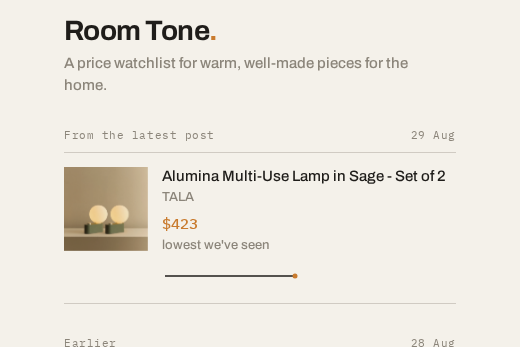 Room Tone watchlist showing lamps and stands at their lowest seen price